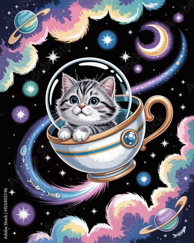 Whimsical Space Adventure: Fluffy Gray Tabby Cat Piloting a Teacup Spaceship in a Starry Nebula with Astronaut Helmet and Magical Realism – Dreamy Cel-Shaded Art Style