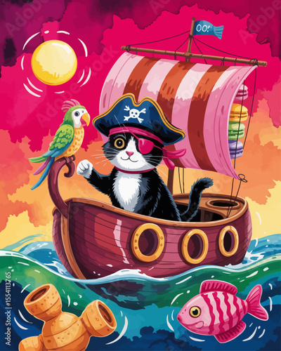 Pirate Tuxedo Cat Sailing a Sardine Can Ship on a Caramel Sea – Adventurous Book Cover with Macaron Parrot and Watercolor Nautical Whimsy