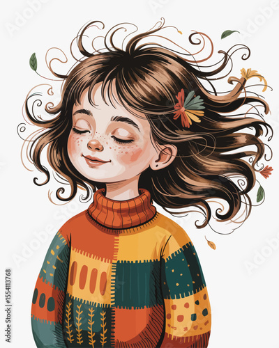 Whimsical Digital Illustration of a Joyful Girl with Flowing Brown Hair and Colorful Patchwork Sweater – Dreamy Painterly Art with Warm Autumn Tones