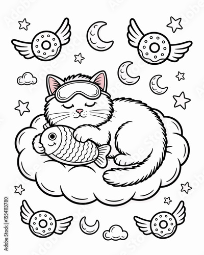 Fluffy Cat Floating on a Marshmallow Cloud in a Tranquil Sky – Surreal Cozy Line Art Coloring Book with Winged Donuts and Sleepy Stars