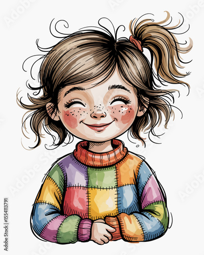 Cheerful Young Girl with Messy Hair in a Patchwork Sweater – Whimsical Storybook Illustration with Watercolor and Ink Textures for Cozy Children’s Books