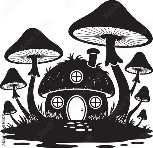 mushroom silhouette with cap and stem, vector black and fern  illustration.