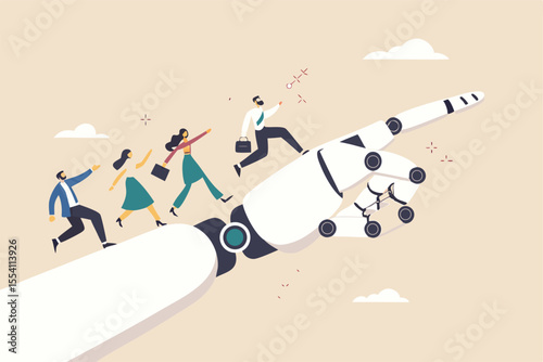 AI Artificial Intelligence help support business success, technology or innovation for new opportunity, invention for business growth concept, business people walking up on robot hand pointing up.