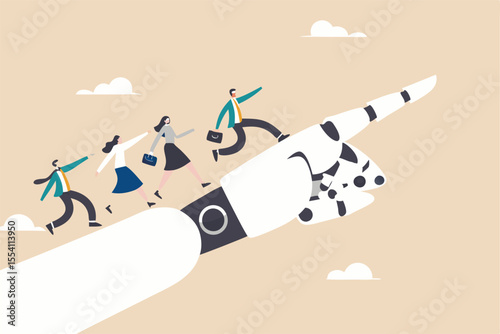 AI Artificial Intelligence help support business success, technology or innovation for new opportunity, invention for business growth concept, business people walking up on robot hand pointing up.