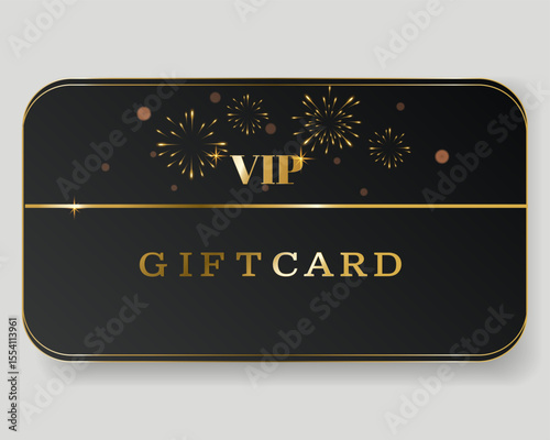 Luxurious VIP gift card in black and gold design with sparkling fireworks. Elegant and festive style perfect for exclusive gifts, special occasions, premium offers, and celebrations.Vector