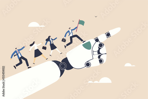 AI Artificial Intelligence help support business success, technology or innovation for new opportunity, invention for business growth concept, business people walking up on robot hand pointing up.