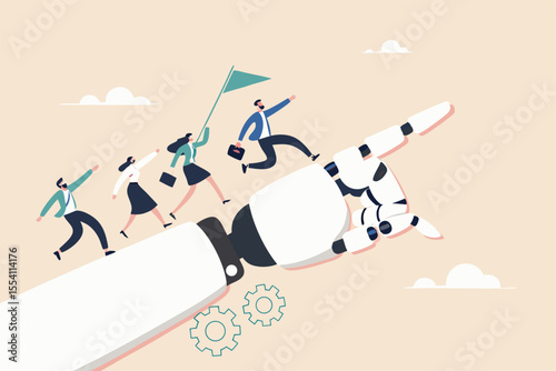 AI Artificial Intelligence help support business success, technology or innovation for new opportunity, invention for business growth concept, business people walking up on robot hand pointing up.