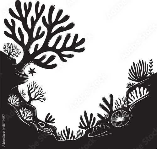 coral reef silhouette with underwater plants and sea creatures, vector black and white illustration
