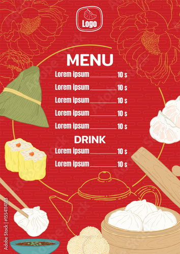 Dim Sum menu template with various Chinese food illustration like siu mai, bao, and zongzi