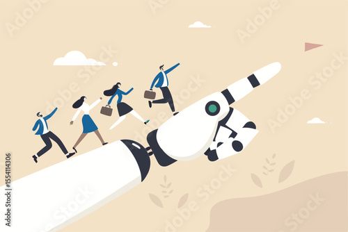 AI Artificial Intelligence help support business success, technology or innovation for new opportunity, invention for business growth concept, business people walking up on robot hand pointing up.