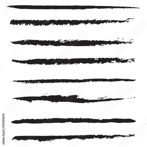 Set of eight hand-drawn black grunge brush strokes isolated on white background, perfect for artistic design, texture elements, banners, or creative digital artwork

