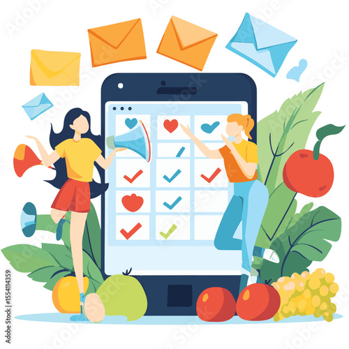 Woman doing yoga pose near calendar with checkmarks, surrounded by fruits and vegetables, flat style on white background