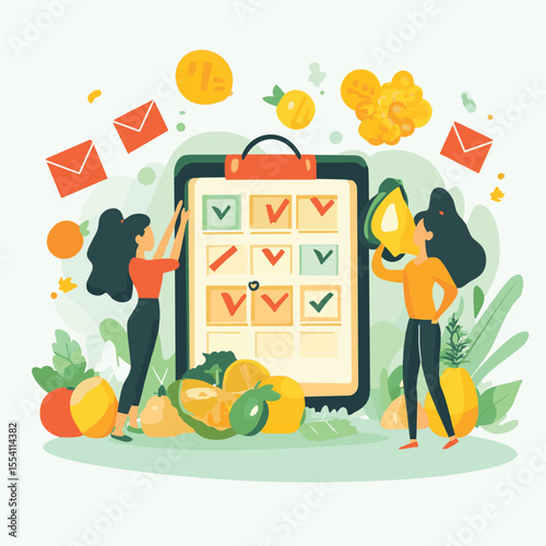 Woman doing yoga pose near calendar with checkmarks, surrounded by fruits and vegetables, flat style on white background