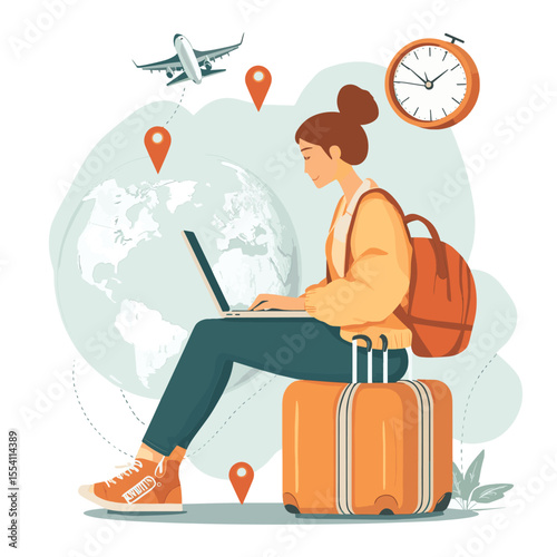 Woman sitting on luggage using laptop with airplane, globe, map pins, and clock in background, representing travel planning and global connectivity
