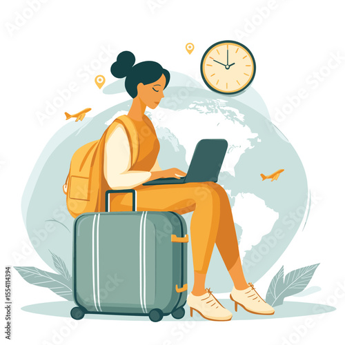 Woman sitting on luggage using laptop with airplane, globe, map pins, and clock in background, representing travel planning and global connectivity