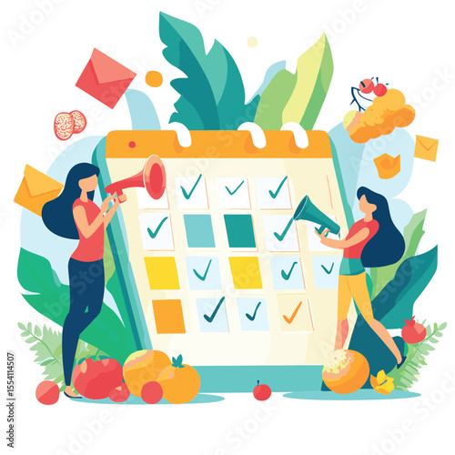 Woman doing yoga pose near calendar with checkmarks, surrounded by fruits and vegetables, flat style on white background