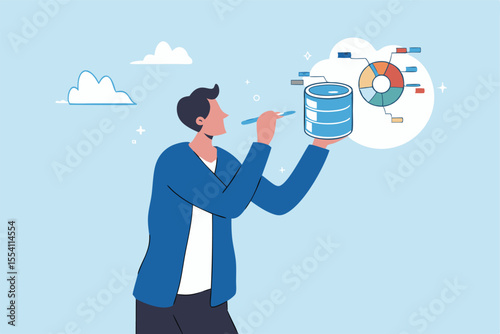 Data cleansing process to arrange, examining or prepare data to be analyzed, preprocessing normalization or validate missing data concept, businessman cleaning database metaphor of cleansing process.