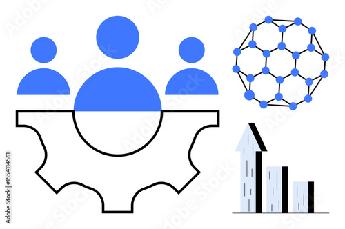 People icons with gear symbolizing teamwork, a network representing collaboration, and an ascending bar chart showing growth. Ideal for teamwork, innovation, collaboration, strategy, growth, tech