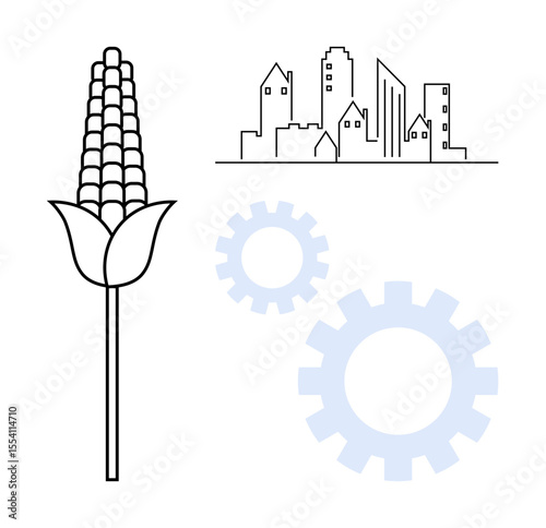 Corn stalk, stylized city skyline, and gear wheels represent farming, urban growth, and industrial technology. Ideal for sustainability, innovation, urbanization, technology ecosystem balance
