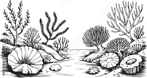 coral reef silhouette with underwater plants and sea creatures, vector black and white illustration