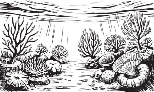 Underwater Coral Reef Scene Line Art