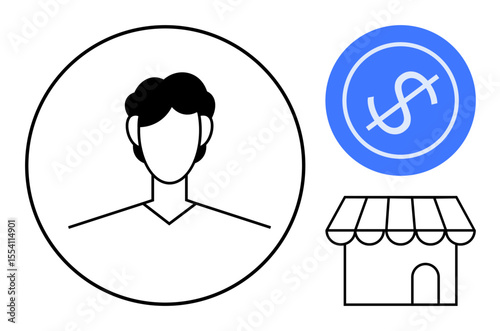 Abstract person profile, blue dollar icon, and small storefront. Ideal for entrepreneurship, finance, e-commerce, business ownership, customer profile personal branding startup concept. Clean flat
