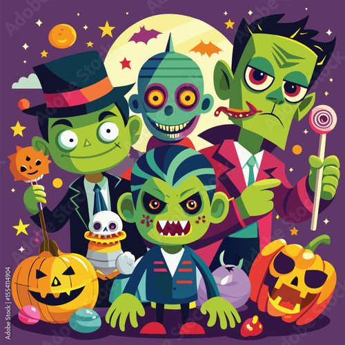 A Spooky Halloween Group of Cartoon Monsters Frankenstein, Mummy, Werewolf and More