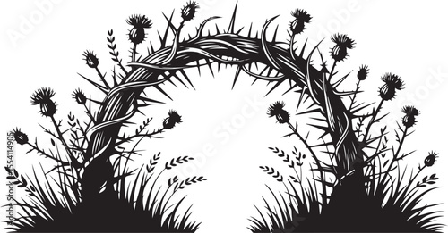 thorny vine arch silhouette with intricate line art and twisting vines, black and white vector illustration