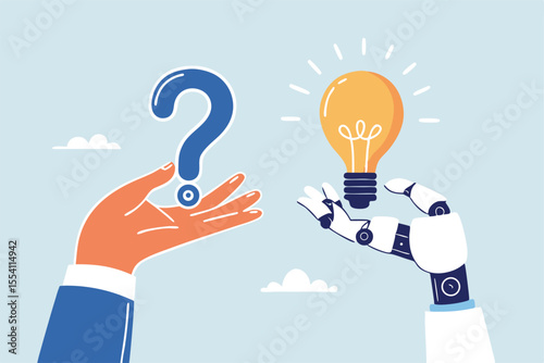 Artificial intelligence AI to help solve problem, chatbot or machine learning to answer hard question, assistance service, technology to help concept, human hand with question mark and AI answer.