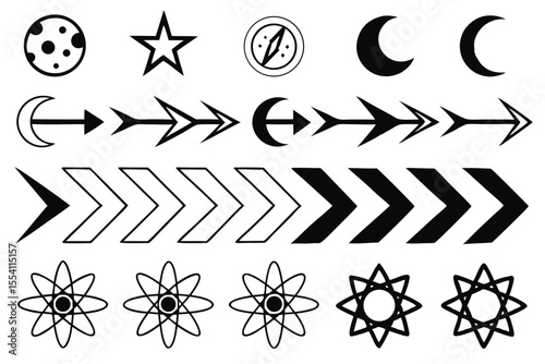 Geometric Cosmic Symbols – Minimalist Black Line Icons