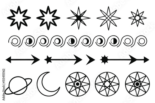 Geometric Cosmic Symbols – Minimalist Black Line Icons