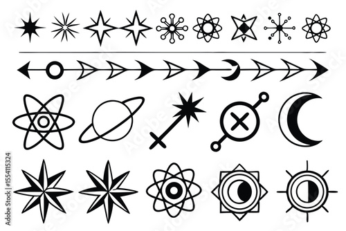 Geometric Cosmic Symbols – Minimalist Black Line Icons