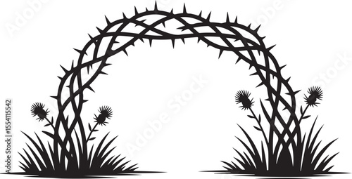 thorned archway silhouette with delicate wildflowers and intricate line art, vector black and white design