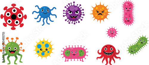 Cartoon virus and bacteria characters, cute germs illustration, colorful microbes clipart, funny pathogen icons, kids health education graphics