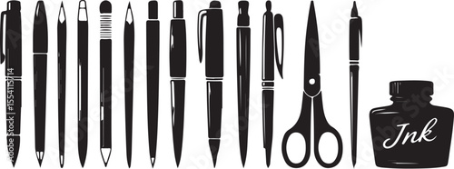 stationery essentials silhouette with items like pens, notebooks, and paper, detailed line art, black and white vector illustration