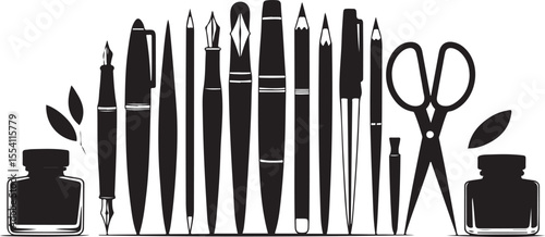 stationery essentials silhouette with items like pens, notebooks, and paper, detailed line art, black and white vector illustration