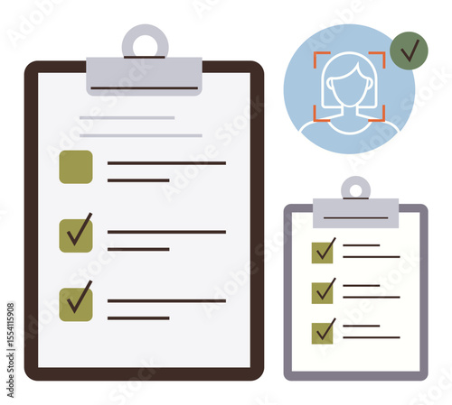 Clipboard-style task checklists with green checkmarks and a facial recognition profile. Ideal for productivity, verification, organization, authentication, security, personal management, minimalism