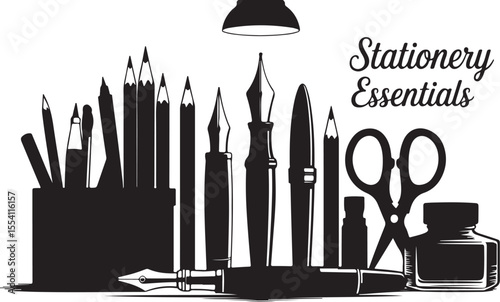 stationery essentials silhouette with items like pens, notebooks, and paper, detailed line art, black and white vector illustration