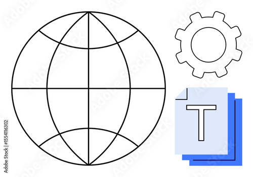 Grid-lined globe, gear, and layered text pages symbolize global networking, tech integration, collaboration, content creation, software development, education, and a simple landing page