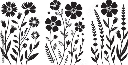 wild leaf and flower silhouette illustration with delicate petals and leaves, vector black and white design