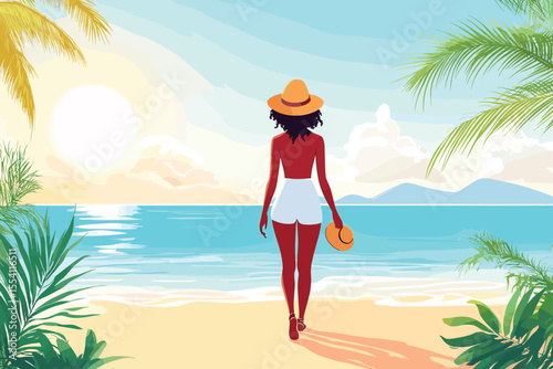 African woman walking along the shoreline vacation relaxation scene vector illustration