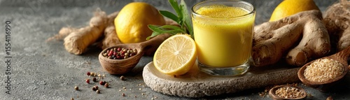A glass of golden turmeric drink surrounded by fresh ginger, lemons, peppercorns, and spices on a rustic surface.