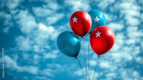 Red white blue balloons drifting in blue sky with empty background space, minimalist American holiday concept perfect for patriotic or Independence Day designs