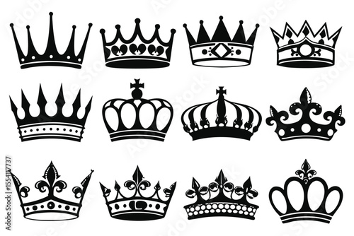 Elegant Black Crown Vector Set – Monochrome Silhouettes