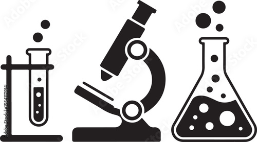Science lab equipment silhouette set with microscope, test tube, and flask, black vector icons for research, experiment, and chemistry themes
