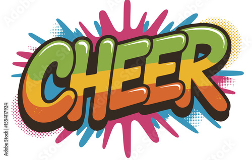 Dripping cheer graffiti with rainbow splash, Colorful "CHEER" graffiti text with a melting rainbow effect and dynamic paint splashes 

