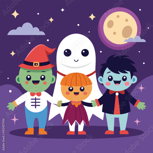 Adorable Halloween Friends Cute Vampire, Ghost, Mummy, and Witch Illustration