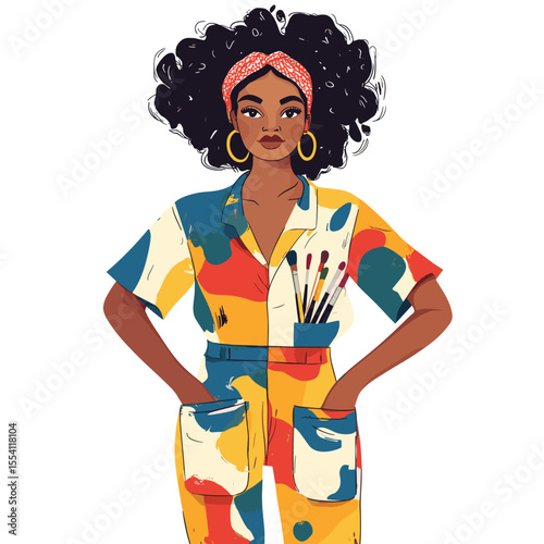 African woman with afro and headband, wearing colorful jumpsuit vector illustration
