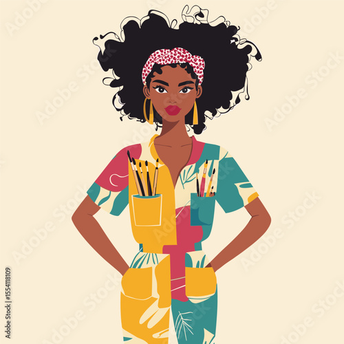 African woman with afro and headband, wearing colorful jumpsuit vector illustration