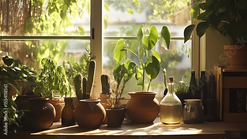 Greenhouse Seedlings Growing in Natural Light with Lush Green Leaves for Home Gardening Inspiration : Generative  ,Plants in brown pots on the windowsill ,Green plants in pots on windowsill near 

